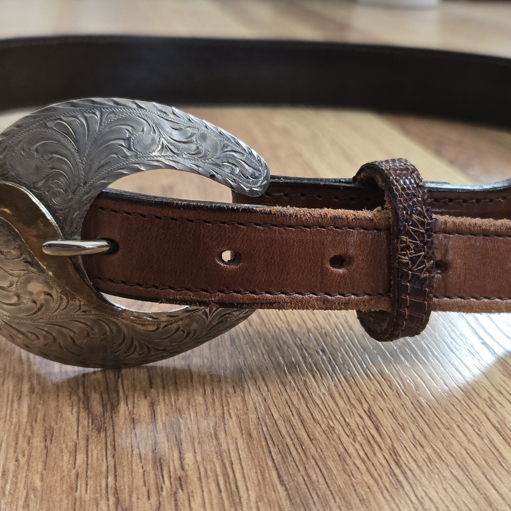 Brown Leather Belt with Silver Buckle Size 40 Size Large